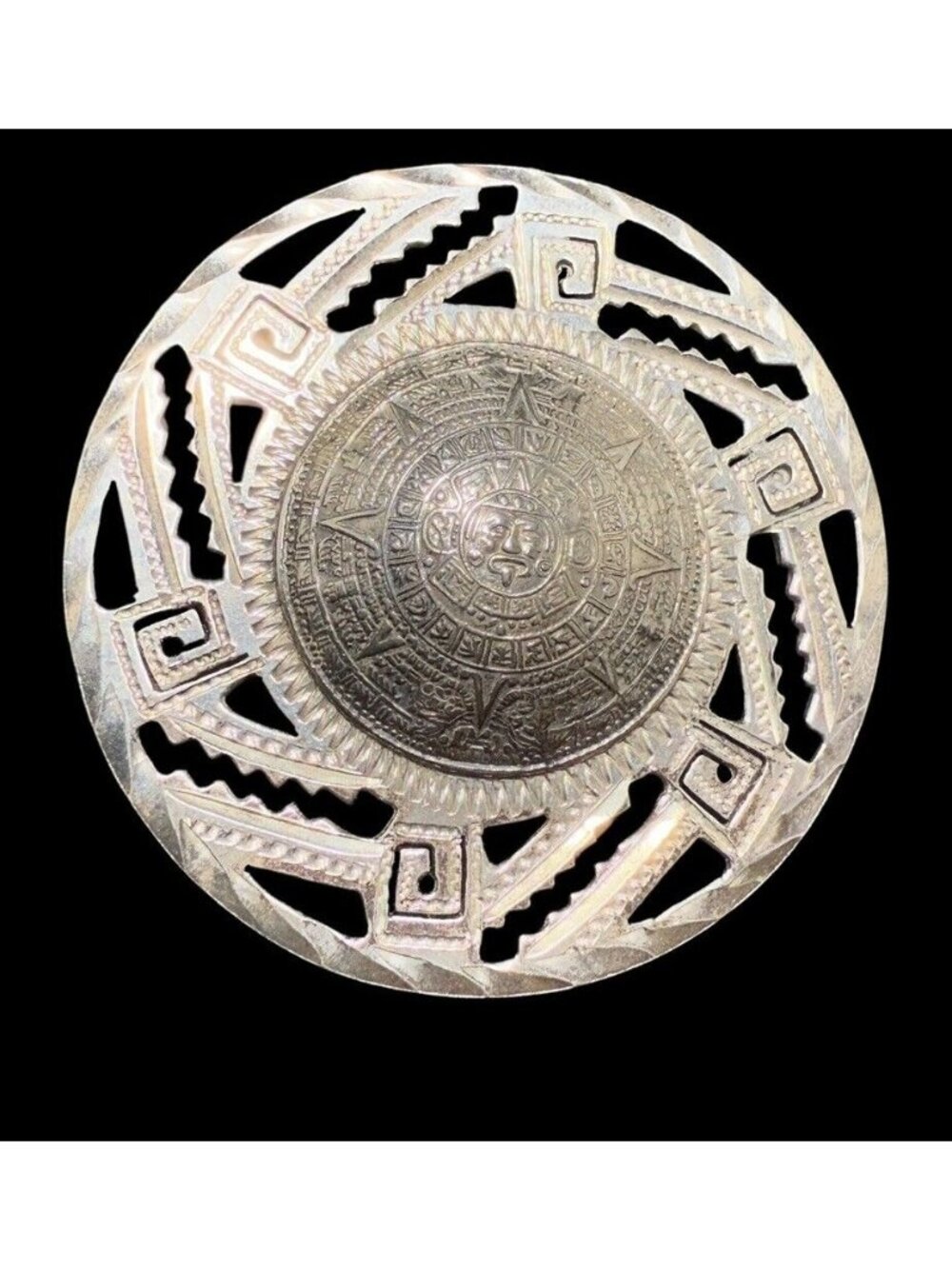 Taxco Mexico Sterling Silver Mayan Calendar Brooch Pendant Sun God Ethnic